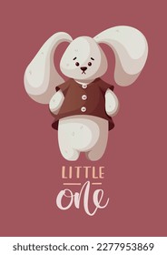 Card with plush bunny and handwritten text. Children's toys, kid's shop, playing, childhood concept. Vector Illustration for card, postcard, cover.