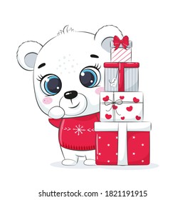 Card with a polar bear with gift boxes. Merry Christmas design.