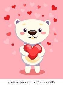 A card with a polar bear with a heart in its paws. Vector illustration.
