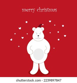 Card with a polar bear in a Santa Claus hat on a red background. Vector illustration