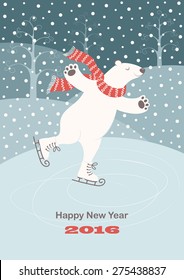 Card with a polar bear skating on ice, snow and winter trees. Vector background.