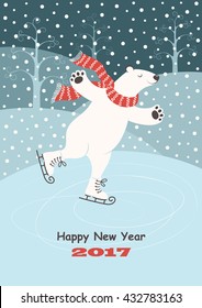 Card With A Polar Bear Skating On Ice, Snow And Winter Trees. Vector Background.