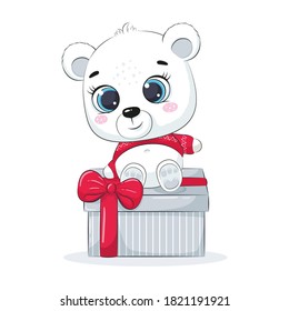 Card with a polar bear under gift box. Merry Christmas design.