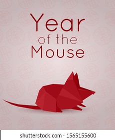 Card with polygonal mouse. 3d paper red origami rat. Chinese New Year symbol on oriental pattern. Congratulatory banner. Vector element for greeting cards, banners and your design.