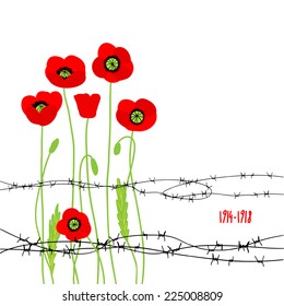 Card with poppies and barbed wire. Vector illustration with place for text.