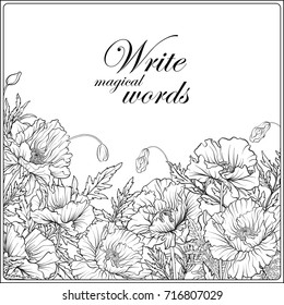 Card with poppies Outline hand drawing coloring page for adult c