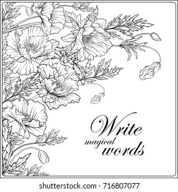 Card with poppies Outline hand drawing coloring page 