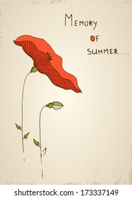 Card with poppy flower composition. Hand drawn vector illustration
