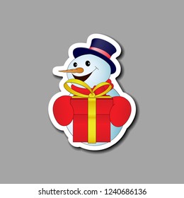 Card with positive cartoon snowman with red gift box on gray background. Vector illustration