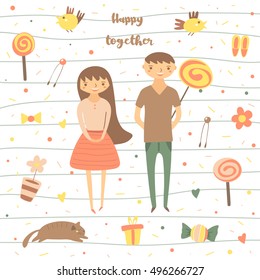 Card, postcard about love, relationship, feeling, friendship. Romantic couple surrounded with birds, lollipops, flowers, cat, present, sweet, polka dots. Background for st valentines day
