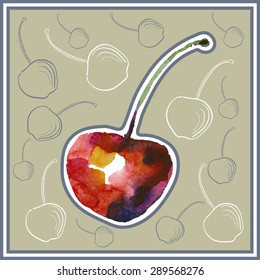 Card (postcard) with cherry  in watercolor style.
