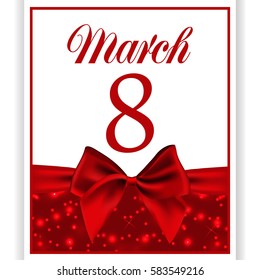 card or postcard on a white background with a red satin ribbon bow of the International Women's Day on 8 March