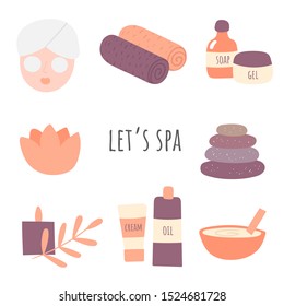 Card, postcard, tag with woman face, towels, creme, gel, lotus, mask, candle, stones. Illustration for spa salon for women