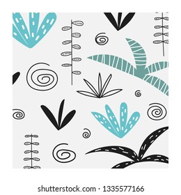 Card, postcard, wall print with tropical plants, palm trees, abstracts elements.  Jungle background
