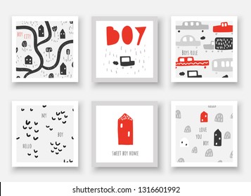 Card, postcards, wall pictures with house, cars, trees, road, hills, abstract elements for boy. Doodle hand drawn objects for boy's room interior