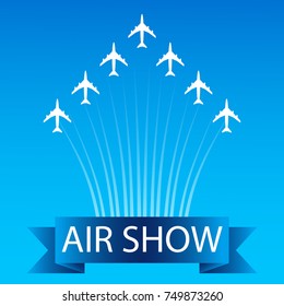 Card or poster for air show advertising. Airplanes flying in the sky in combat order. Team aerobatic military fighters performs flight at air show. Vector illustration in flat style