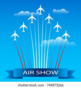 Card or poster for air show advertising. Airplanes flying in the sky in combat order. Team aerobatic military fighters performs flight at air show. Vector illustration in flat style