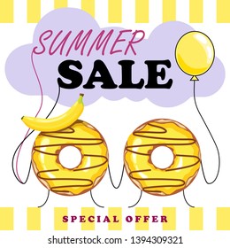 Card, poster, banner with donuts and the text "summer sale". Yellow donuts with banana. Vector illustration. The concept of promotional material.