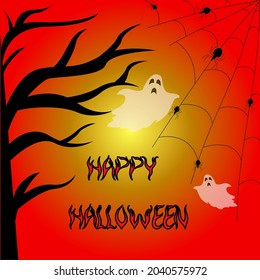 card poster banner happy halloween with ghost spiderweb and spider 