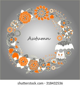 card. poster, brochure template with cat, tree, umbrella, mushroom and flower.