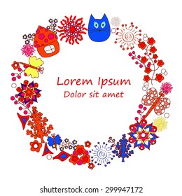 card. poster, brochure template with cat,house and flower.