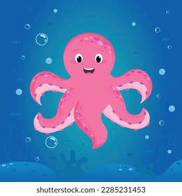 A card or poster with Cartoon pink Octopus in the ocean, underwater world, vector illustration