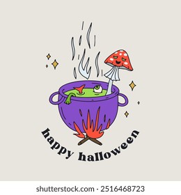 Card or poster with cute black and white Halloween witch cauldron containing boiling mushroom magic potion. Text Happy Halloween