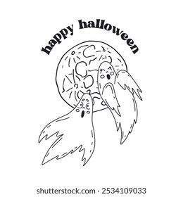 Tarjeta o cartel con lindo blanco y negro. Pareja de fantasmas de Halloween volando junto a la luna llena. Texto de saludo feliz Halloween