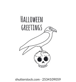 Card or poster with cute black and white Halloween witchy crow sitting on top of skull. Greeting text Halloween Greetings