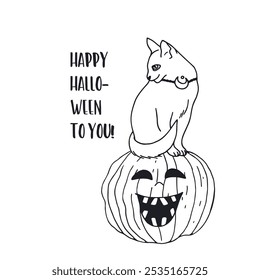 Card or poster with cute black and white Halloween witchy black cat sitting on top of pumpkin. Greeting text Happy Halloween to You.