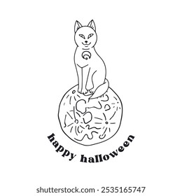 Card or poster with cute black and white Halloween witchy black cat and moon. Greeting text Happy Halloween to You.