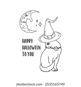 Card or poster with cute black and white Halloween witchy black cat and moon. Greeting text Happy Halloween to You.