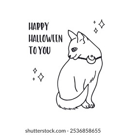 Card or poster with cute black and white Halloween witchy black cat. Greeting text Happy Halloween to You.