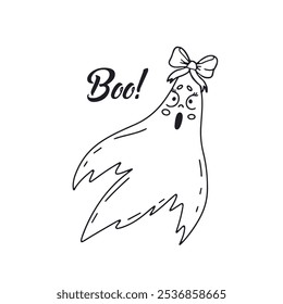 Card or poster with cute black and white. Halloween ghost girl wearing bow. Text Boo