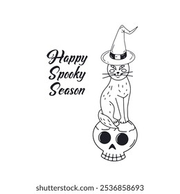 Card or poster with cute black and white Halloween witchy black cat sitting on top of skull. Greeting text Happy Spooky Season