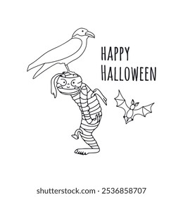 Card or poster with cute black and white. Halloween witchy crow sitting on top of mummy headl. Greeting text Happy Halloween