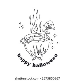 Card or poster with cute black and white Halloween witch cauldron containing boiling mushroom magic potion. Text Happy Halloween