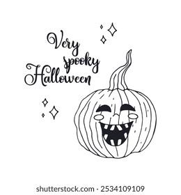 Card or poster with cute black and white.Halloween Jack-o-lantern.pumpkin. Text Happy Spooky Halloween