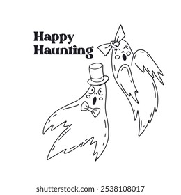 Card or poster with cute black and white.Halloween ghost girl and gentleman couple. Text greeting Happy Haunting