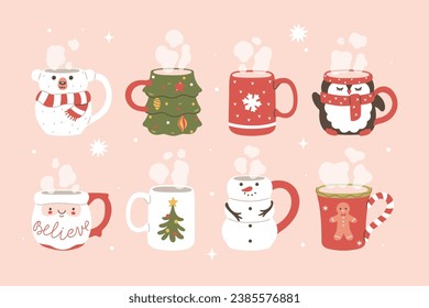 Card or poster with cute Christmas mugs. Vector graphics.