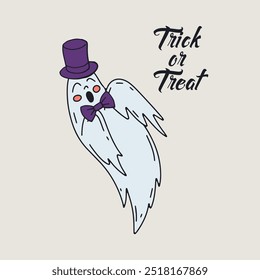 Cartaz ou cartaz com fantasma bonito Halloween vestindo top hat. Texto de saudação Truque ou Trate