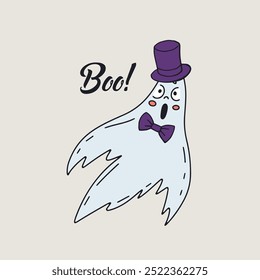 Card or poster with cute Halloween ghost wearing top hat. Text Boo