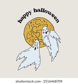 Card or poster with cute Halloween ghosts couple flying next to the full moon. Greeting text happy Halloween