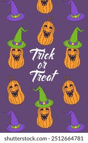 Card or poster with cute Halloween illustration with jack-o-lantern pumpkins. Greeting text trick or treat.