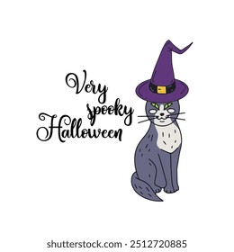 Cartaz ou cartaz com ilustração de Halloween bonito com gato cinza no chapéu de bruxa. Texto de saudação Dia das Bruxas muito assustador.