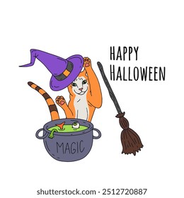 Card or poster with cute Halloween illustration with witchy cat cooking magic potion in cauldron. Greeting text Happy Halloween.