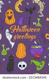 Card or poster with cute Halloween illustration with pumpkins and witchy elements. Text Halloween Greetings.