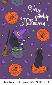 Cartaz ou cartaz com ilustração bonito Halloween com gatos pretos bruxas e abóboras. Texto de saudação Dia das Bruxas muito assustador.