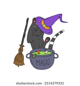 Card or poster with cute Halloween illustration with witchy cat cooking magic potion in cauldron.