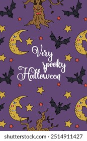 Card or poster with cute Halloween illustration with evil tree and bats. Greeting text Very Spooky Halloween.